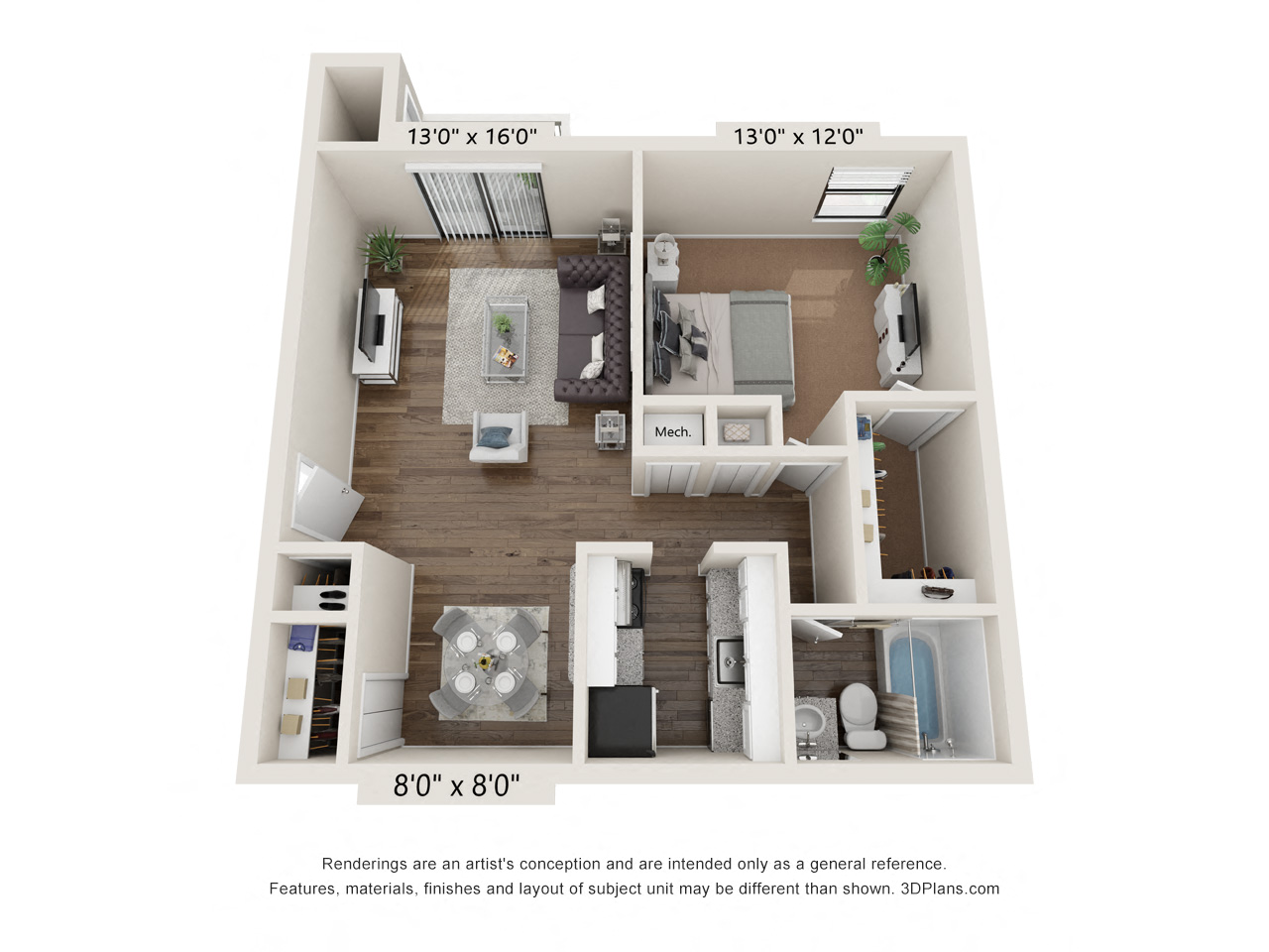 Floor plan for 1 bed, 1 bath, 659 sqft